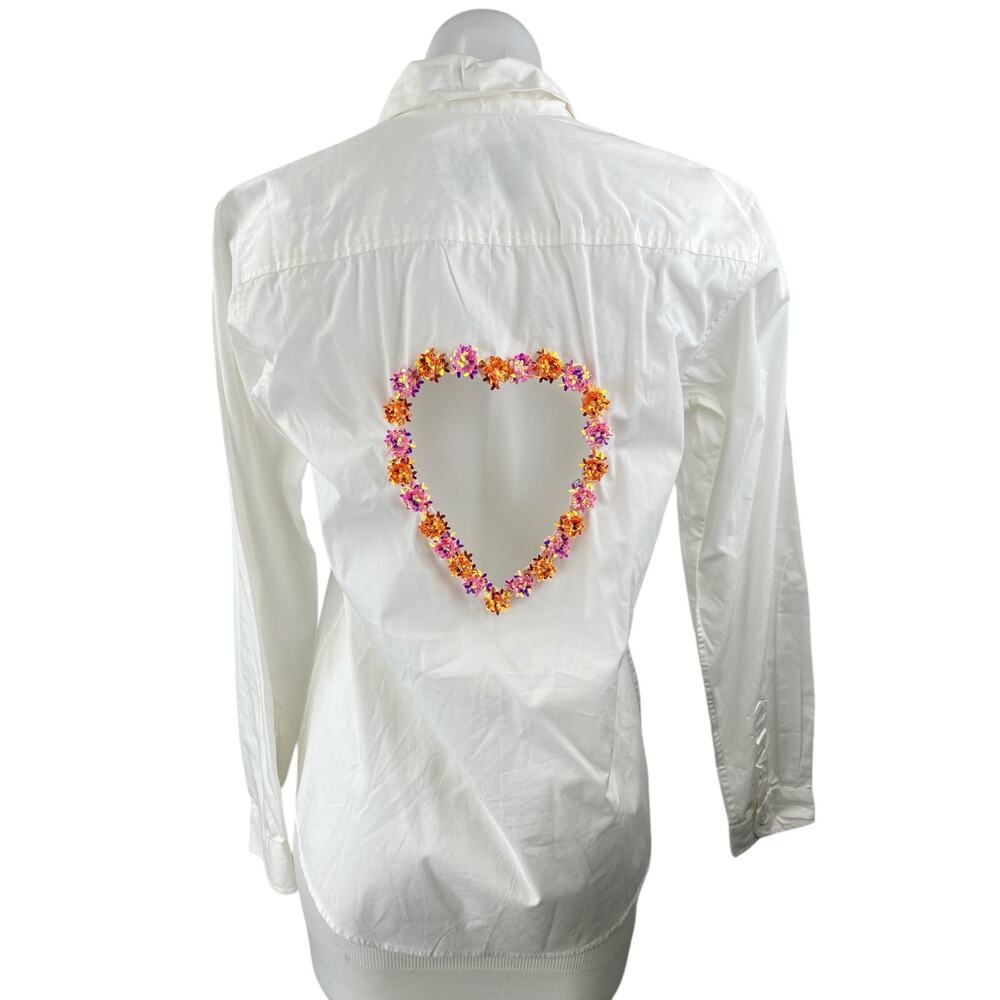 Sarto White Beaded Button Down Heart CutOut Long Sleeve Shirt Blouse Top Size S - Picture 3 of 7